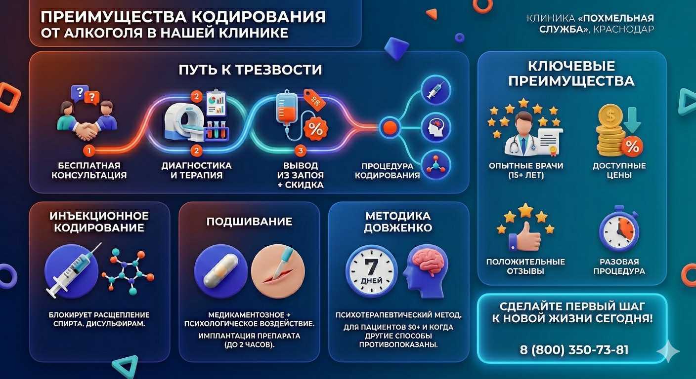 Инфографика о методах кодирования от алкоголя в Ессентуках: инъекции, подшивание, метод Довженко. Преимущества клиники и этапы лечения.