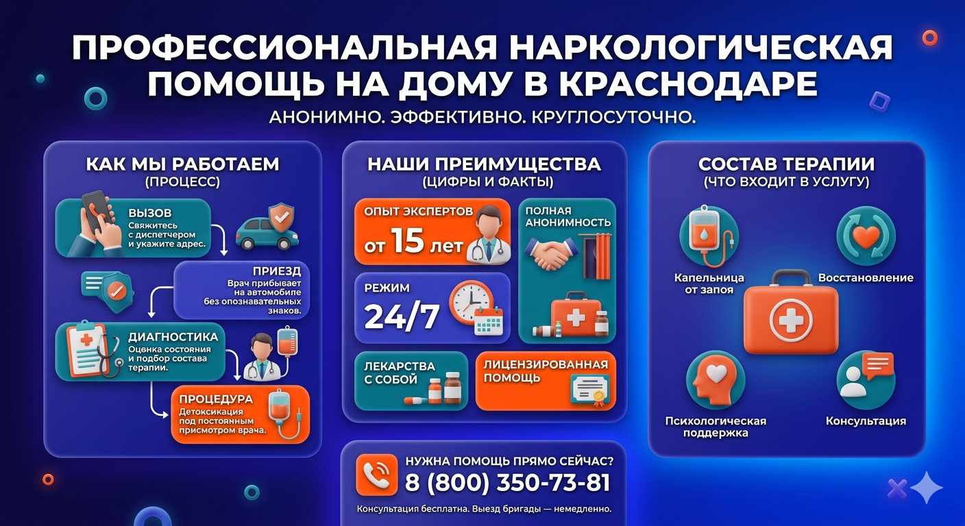 Инфографика о принципах лечения алкоголизма на дому в Ессентуках: этапы вызова нарколога, преимущества анонимной детоксикации и состав медицинской помощи.